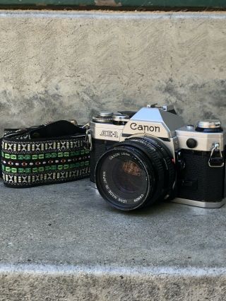 Canon Ae - 1 Slr 35mm Film Camera & Fd 50mm F1.  8 Lens & Vintage Strap