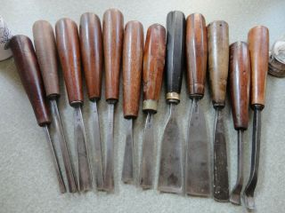 Vintage Wood Carving Chisels 12 Including 5 Addis; 4 Maiers; 2 G.  F.  E. ,  1 Unknown