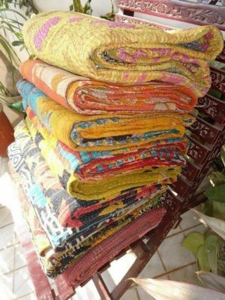 Reversible Vintage Quilts Kantha 5 Pc Heavy Gudri Blankets Throws