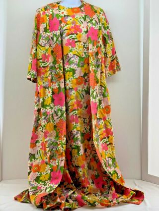 Vintage 70s Mod Flower Power Maxi House Dress Floral Hostess Bright Bold Robe