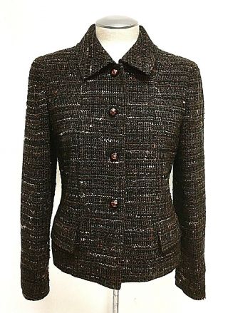 Vintage Chanel France 98a Brown Black Multi Tweed Wool Blend Jacket Blazer 40
