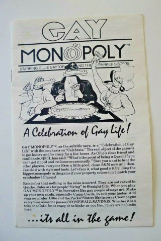 Gay Monopoly Parker Sisters A Celebration Of Gay Life Vintage 1983 Rare COMPLETE 11