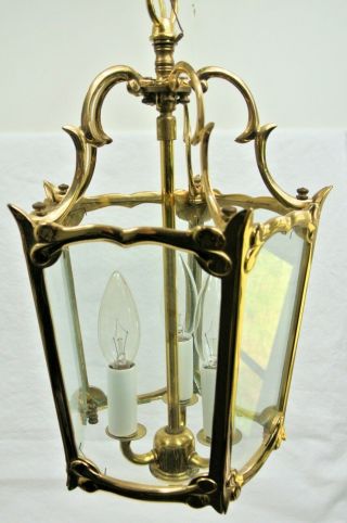 Polished Cast Brass & Glass Hall Foyer Lantern Pendant 3 Light Fixture Vtg