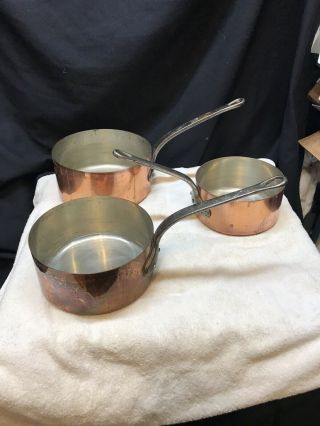 3 Vintage French Copper Cuisine Kitchen Pots/saucepans By Fabrication Francois