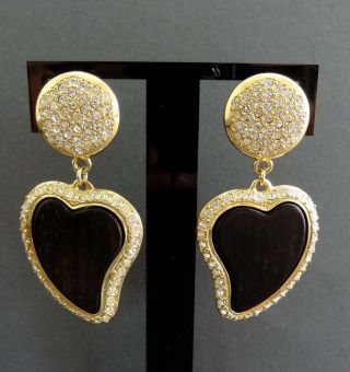 Vtg Ysl Yves Saint Laurent By Goossens Heart Shape Wood & Crystal Clip Earrings
