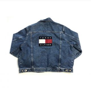 Rare Vintage 90s Tommy Hilfiger Jeans Denim Spell Out Flag Patch Jacket Size Med