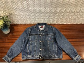 Rare Vintage 90s Tommy Hilfiger Jeans Denim Spell Out Flag Patch Jacket Size Med 2