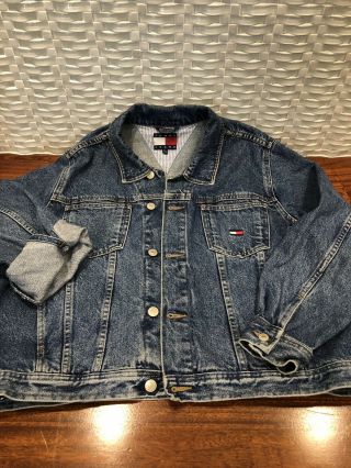 Rare Vintage 90s Tommy Hilfiger Jeans Denim Spell Out Flag Patch Jacket Size Med 4