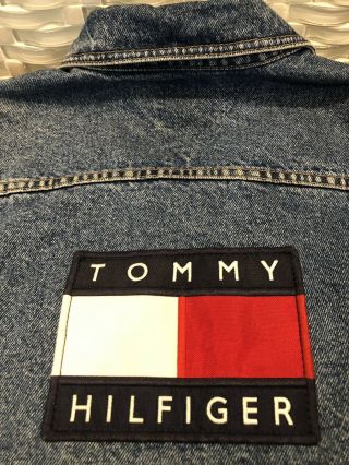 Rare Vintage 90s Tommy Hilfiger Jeans Denim Spell Out Flag Patch Jacket Size Med 7