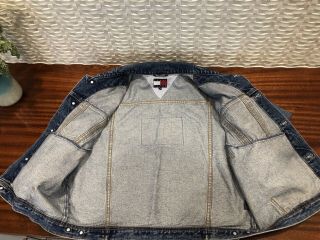 Rare Vintage 90s Tommy Hilfiger Jeans Denim Spell Out Flag Patch Jacket Size Med 8