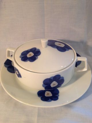 Vintage Indigo Moon Large Serving Bowl With Lid And Serving Platter Blue Flower