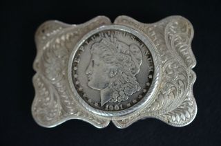 Vintage Style Engraved Sterling Silver Belt Buckle W/ 1901 Morgan Dollar (mono)
