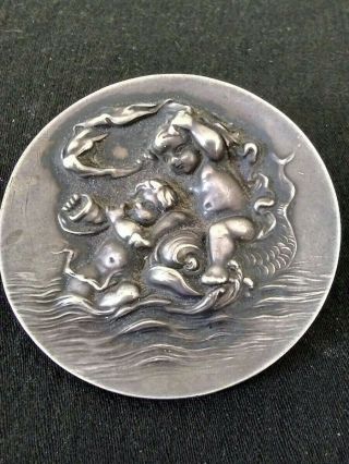 Vintage Sterling Pin With Art Nouveau Cherubs,  One Riding A Dolphin/fish