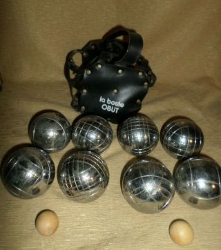 Vintage French Obut Dog Petanque Bocce 8 Steel Balls Marker & Leather Case