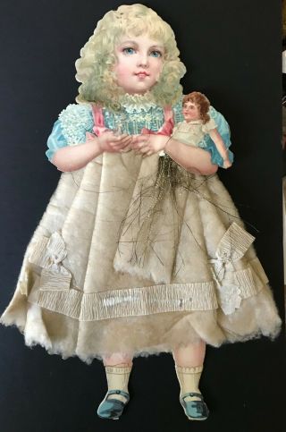 Antique Vtg Cotton Batting Die Cut Little Girl W Doll German Christmas Ornament