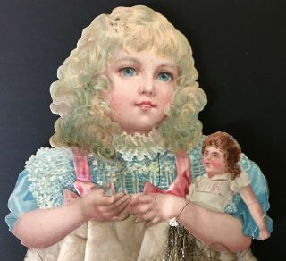 Antique VTG Cotton Batting Die Cut Little Girl W Doll German Christmas Ornament 2