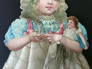 Antique VTG Cotton Batting Die Cut Little Girl W Doll German Christmas Ornament 4