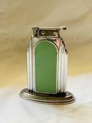 Antique Vintage Art Deco ELGIN CRAFT OTIS Table Lighter Green Enamel Chrome 2