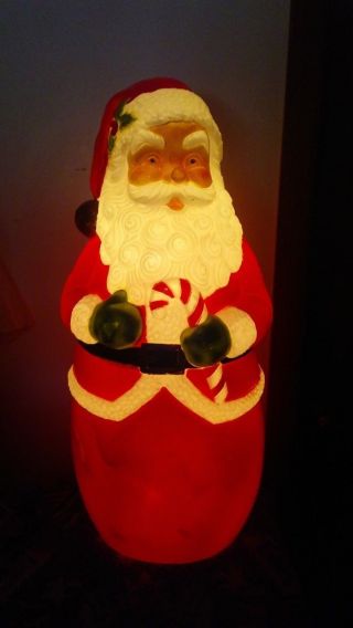 Vintage Blow Mold Santa With Green Mittens & Candy Cane Light Up Yard Santa 23 "