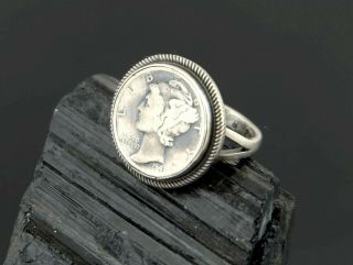 Vtg Sterling Silver B.  Johnson Signed Navajo 1943 Dime Ring Sz 8