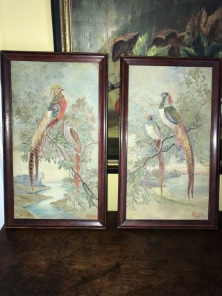 Vintage Art Deco Oil Paintings Birds Oil On Canvas 1928 Signed