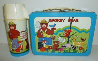 1975 Vintage Smokey Bear Metal Lunch Box And Thermos