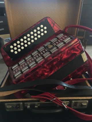 Vintage Red Weltmeister 3 - Row Button Accordion G - C - F - Made In Germany