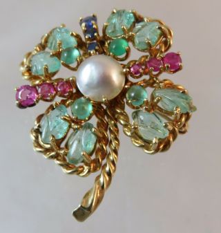 Vintage 14k Gold Shamrock Brooch With Emeralds,  Rubies & Sapphires