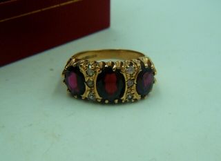 Vintage London Assayed 9ct Gold Natural Garnet Trilogy Set Ring - Uk Size: " M ".