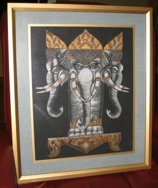 Vintage Three Head Erawan Thai Hand Painted On Silk Art Picture Elephant