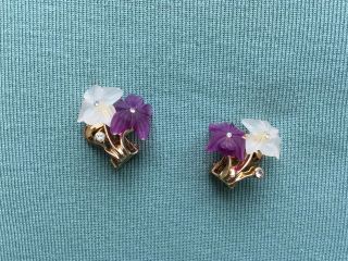 Elegant Vintage Christian Dior Clip - On Earrings Flower Motif W/ Frosted Petals
