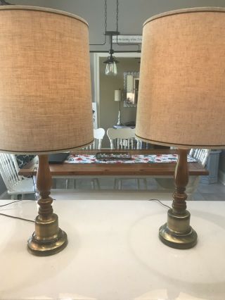 Vintage Mid Century Modern Wood T& Brass Table Lamps Plus Shades: Set Of 2
