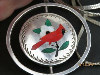 Vintage Signed Zuni Spinner Cardinal Blue Jay Sterling Silver Necklace Pendant