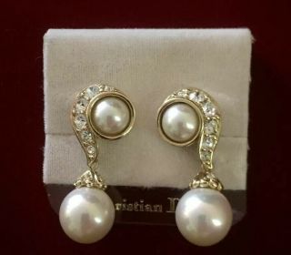 Vintage Christian Dior Rhinestone & Faux Pearl Dangling Earrings Never Been Worn