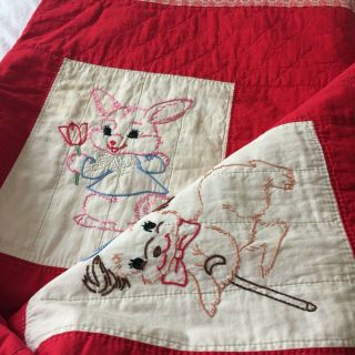 Vtg Child Quilt Embroidered Cute Animal Sampler Red White Hand Quilted 80x65 