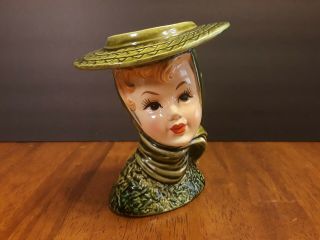 Lefton China " Lady Head " Vase/planter 4556 Green Hand - Painted Japan Vtg 1950 