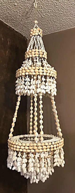 Rare Vintage 1970s Puka Shell Hanging Chandelier Plant Holder Beach House Decor