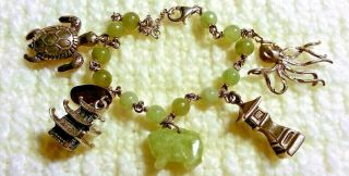 Rare Vintage Sterling Silver & Jade Charm Bracelet & Charms,  32gr,  7 - 8.  50 ",  Asian