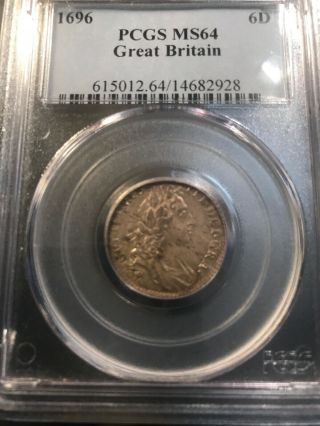 1696 6d 6 Pence Great Britian Pcgs Ms64 Rare