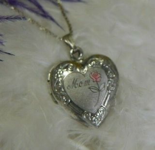 Heart Locket " Mom " 1 " 0.  925 Sterling Silver Estate Rolled Box Chain 16 " Necklace