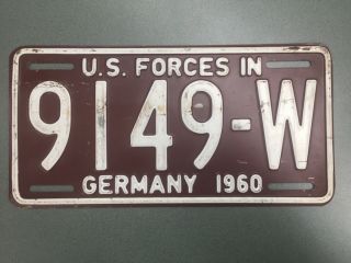 Vintage 1960 U.  S.  Forces In Germany License Plate Tag 9149 - W - White - Brown - Maroon