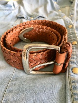 Vintage Polo Ralph Lauren Braided Brown Leather Belt Sterling Silver Buckle Rare