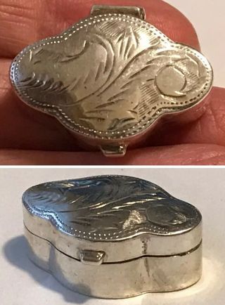Vintage Sterling Silver Tiny Pill Snuff Trinket Box Floral Etched On Hinged Lid