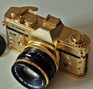 Gold Vintage Canon Pellix Ql 35mm Slr Film Camera With Gold 50mm F1.  4