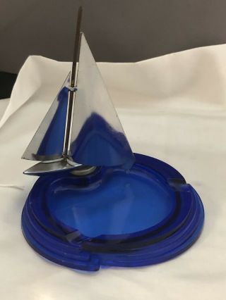 Anchor Hocking Vintage Chrome Sail Boat Blue Glass Ashtray Art Deco Shape