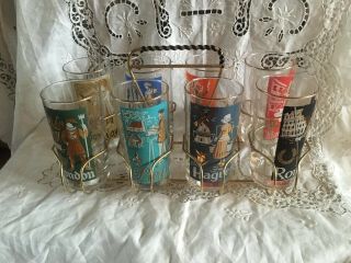 Vtg Libbey Cities Of The World Drinking Glasses Set Of 8 & Metal Carry Caddy
