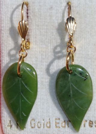 Vintage 14k Gf Green Jadeite Jade Carved Leaf Lever Back Earrings