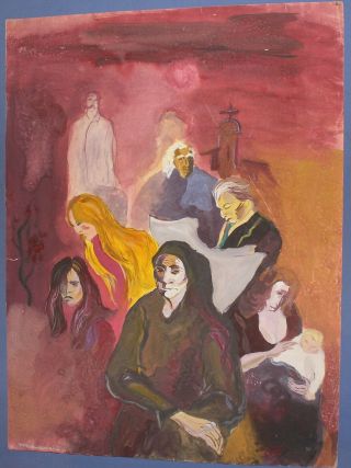Russian art,  Vintage avant garde gouache painting,  figures,  signed M.  Larionow 3
