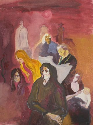 Russian art,  Vintage avant garde gouache painting,  figures,  signed M.  Larionow 4