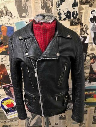 Rare Vintage 1960s Leather Biker Jacket Black Motorcycle Size Small